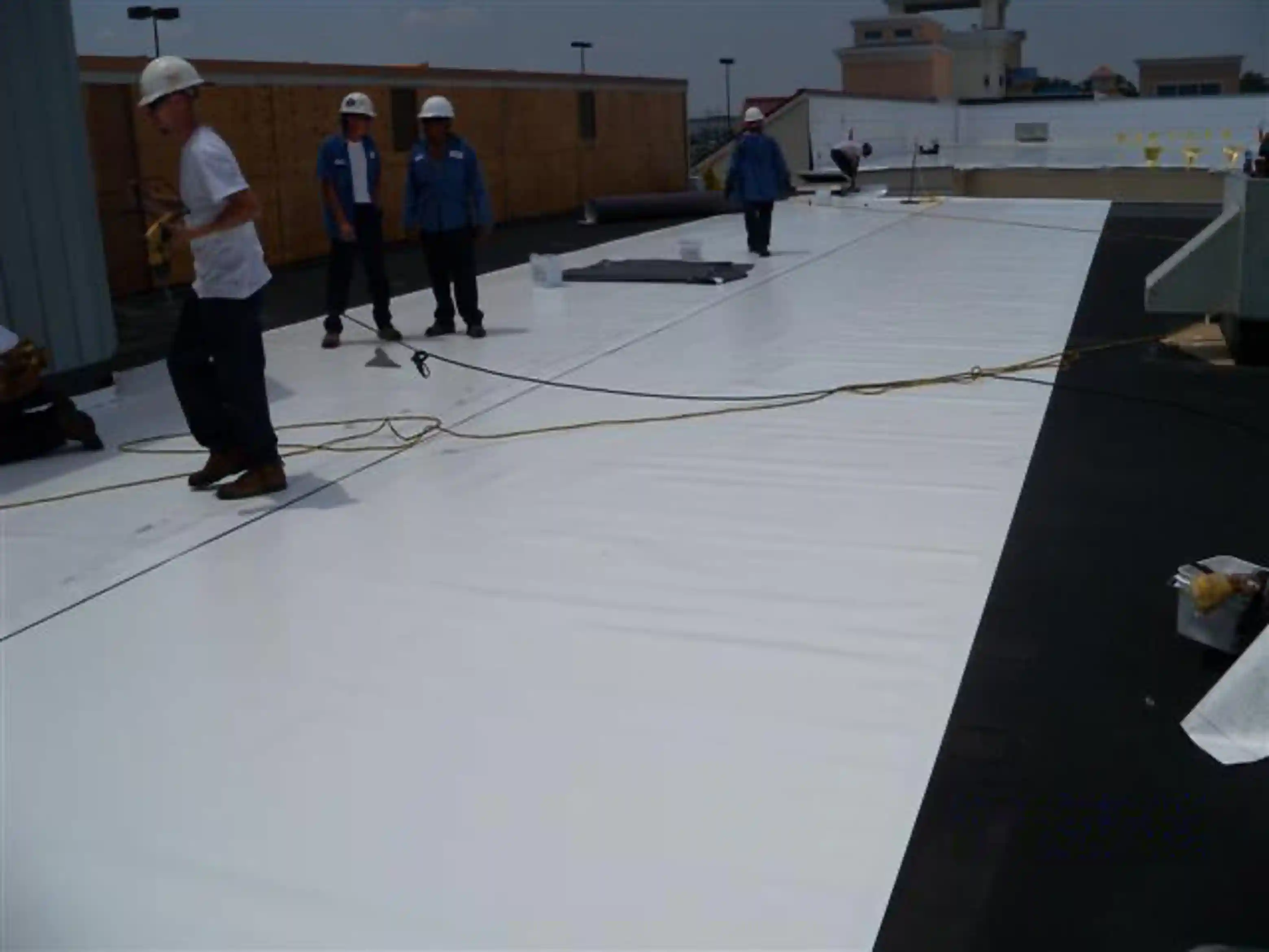 Freshly installed commercial TPO roof on a large warehouse in Atlanta, Georgia.